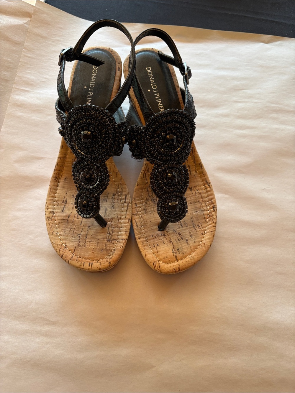 Donald J. Pliner Black Beaded Cork Slingback Sandals